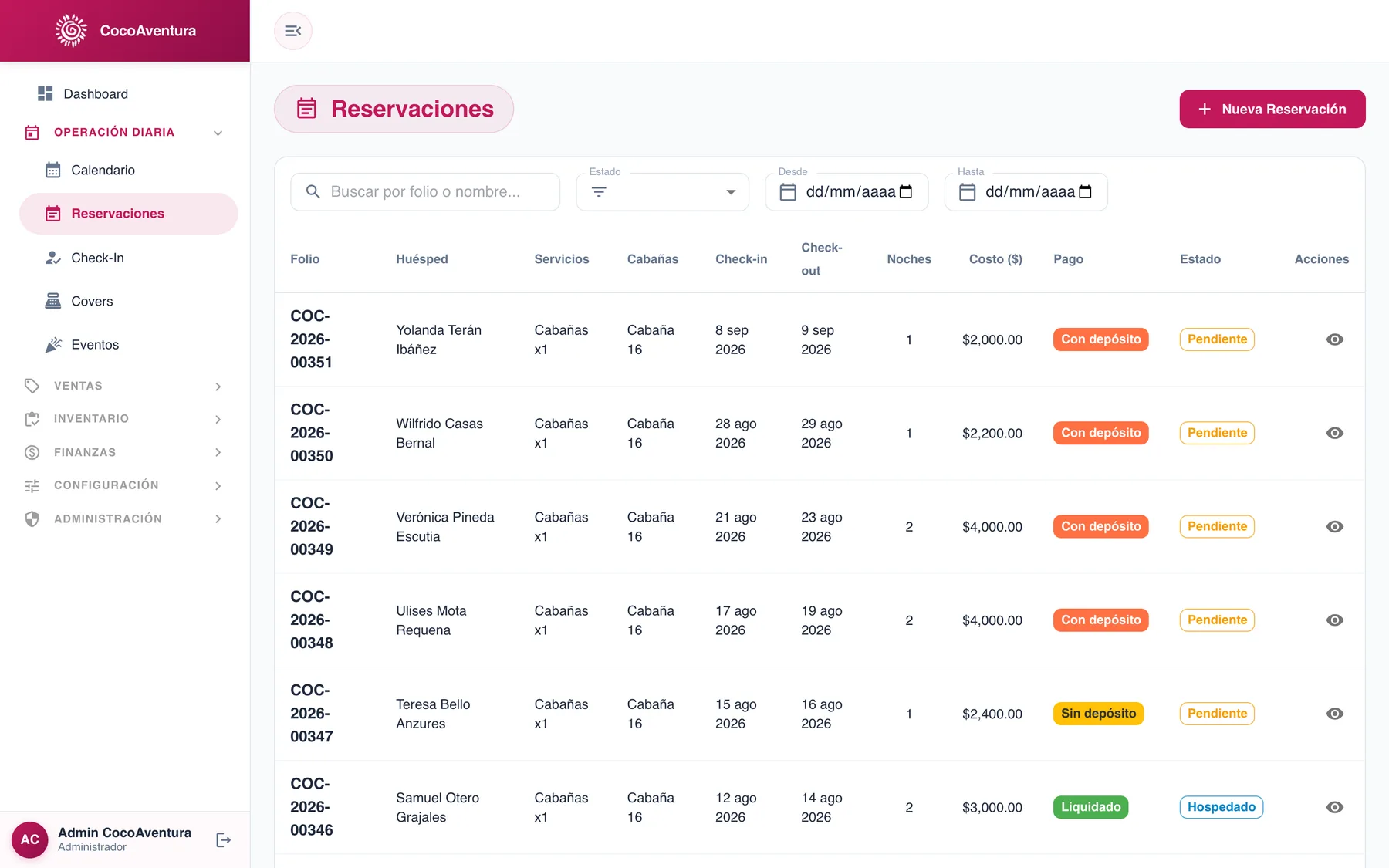 Calendario, reservaciones y check-in — captura 3 de 7