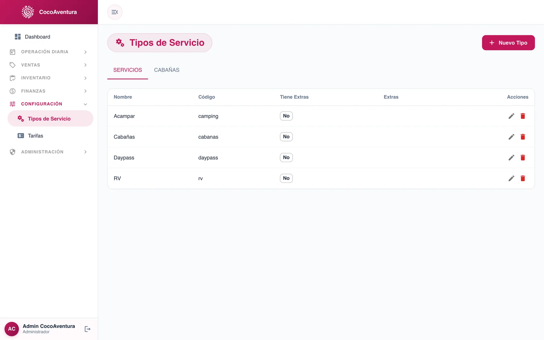 Tarifas, cabañas y control de accesos — captura 3 de 7