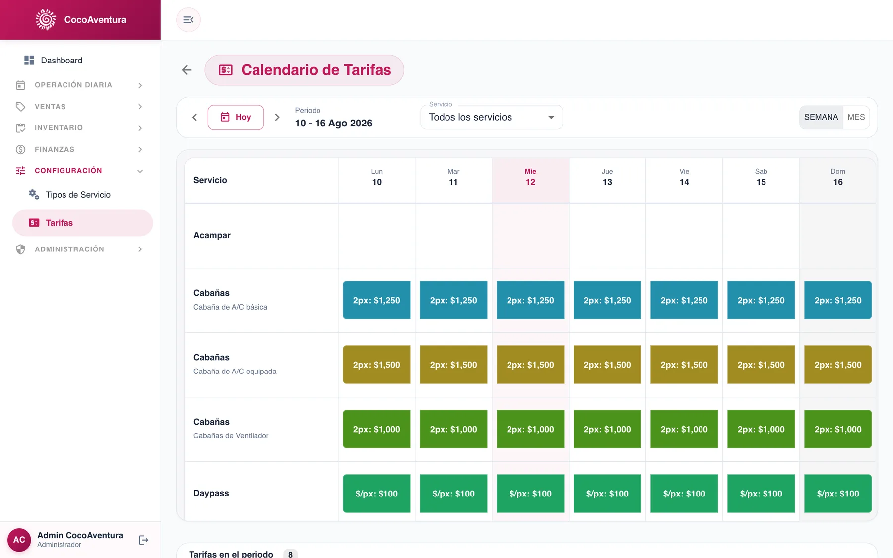 Tarifas, cabañas y control de accesos — captura 2 de 7