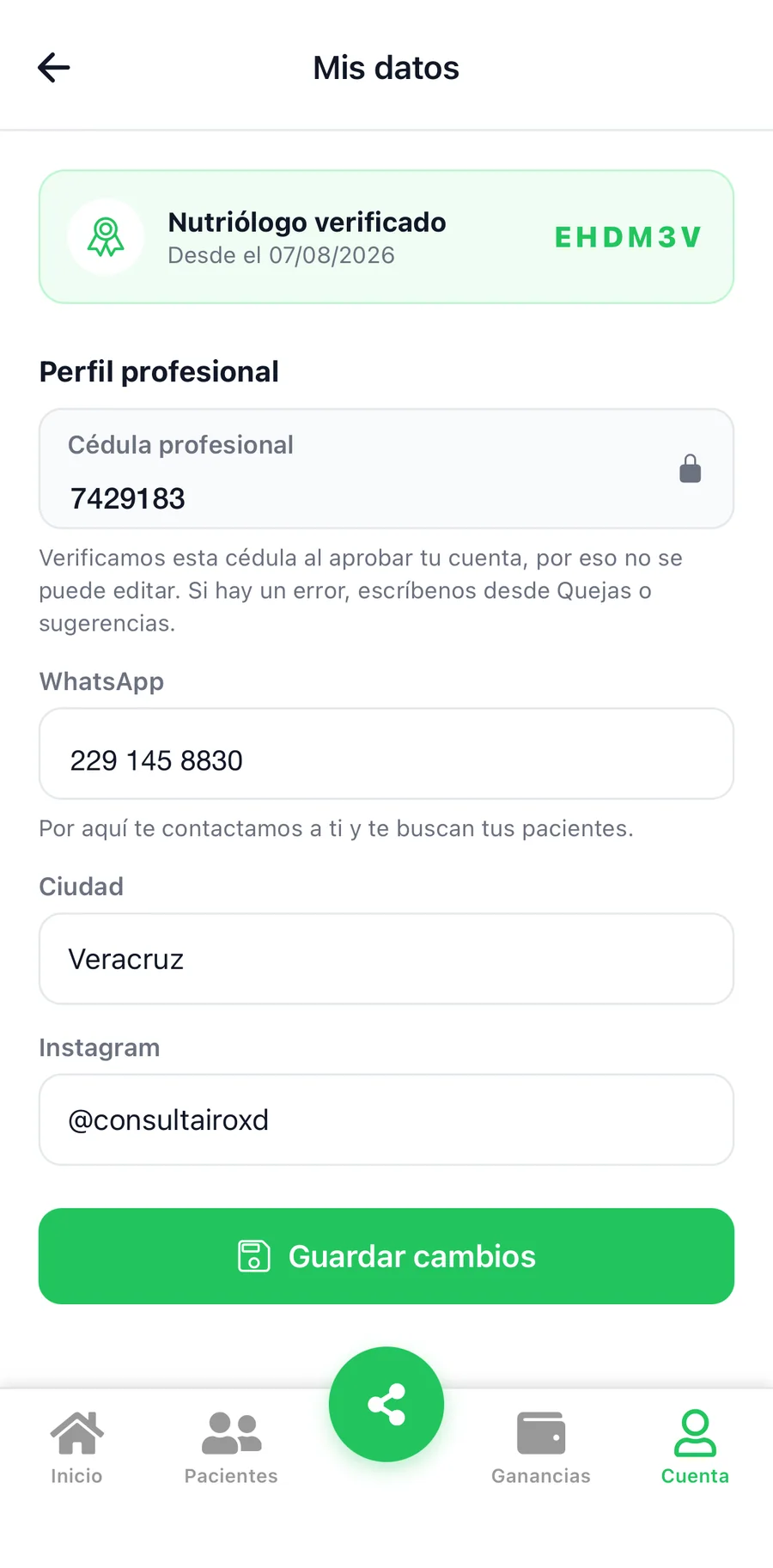La app en modo nutriólogo — captura 6 de 7
